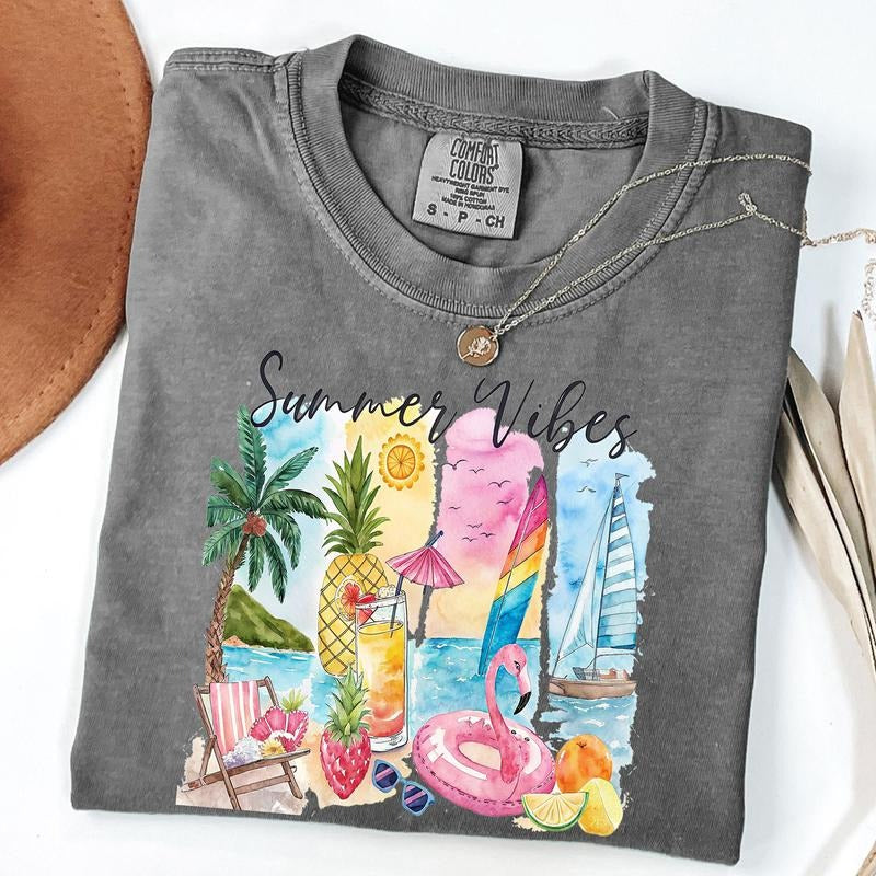 Comfort Colors Summer Vibes Tee, Retro Summer Shirt, Summer Vacartion T-Shirt Hoodie, Sweatshirt | HypeDripTees.com