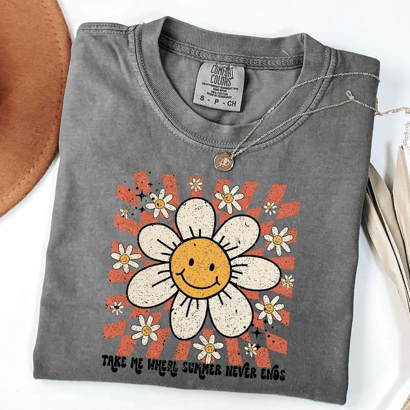 Comfort Colors Take Me Where Summer Never Ends Shirt, Summer Smiley Face Shirt, Daisy Shirt, Unisex T-Shirt Hoodie,...