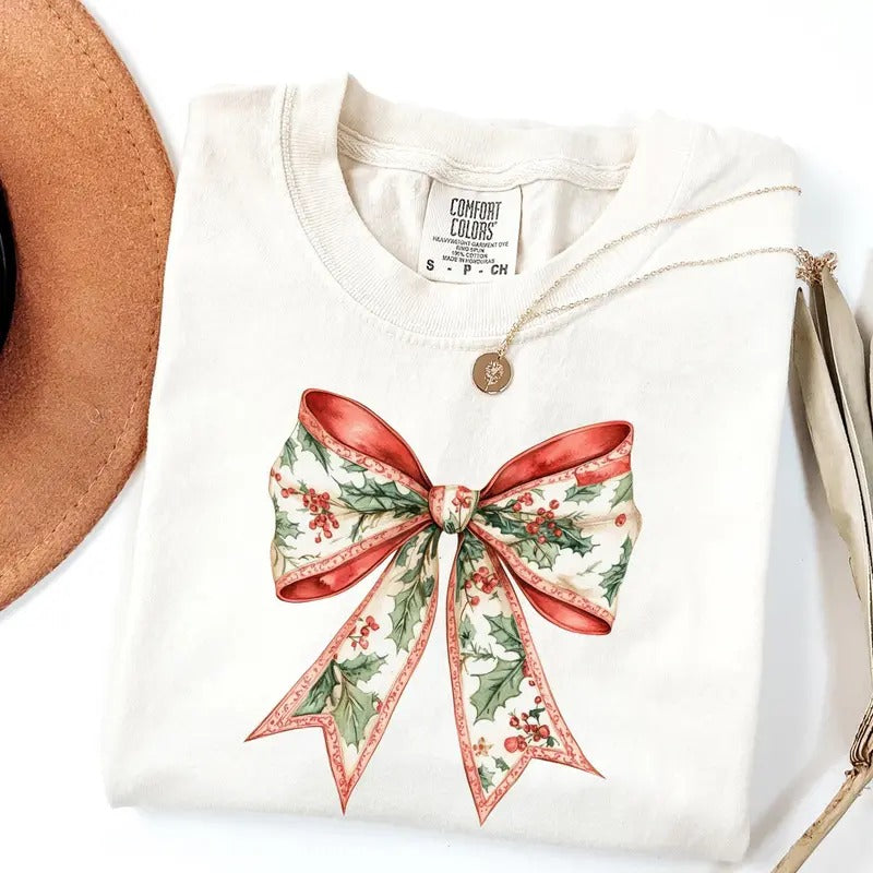 Comfort Colors Toile Bow Christmas Shirt, Toile Christmas T-Shirt, Coquette Christmas Shirts Hoodie, Sweatshirt