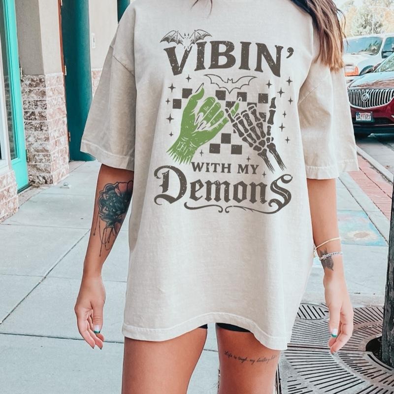 Comfort Colors Vibin' with My Demons Women's Short Sleeve Casual Cotton Graphic Tshirt