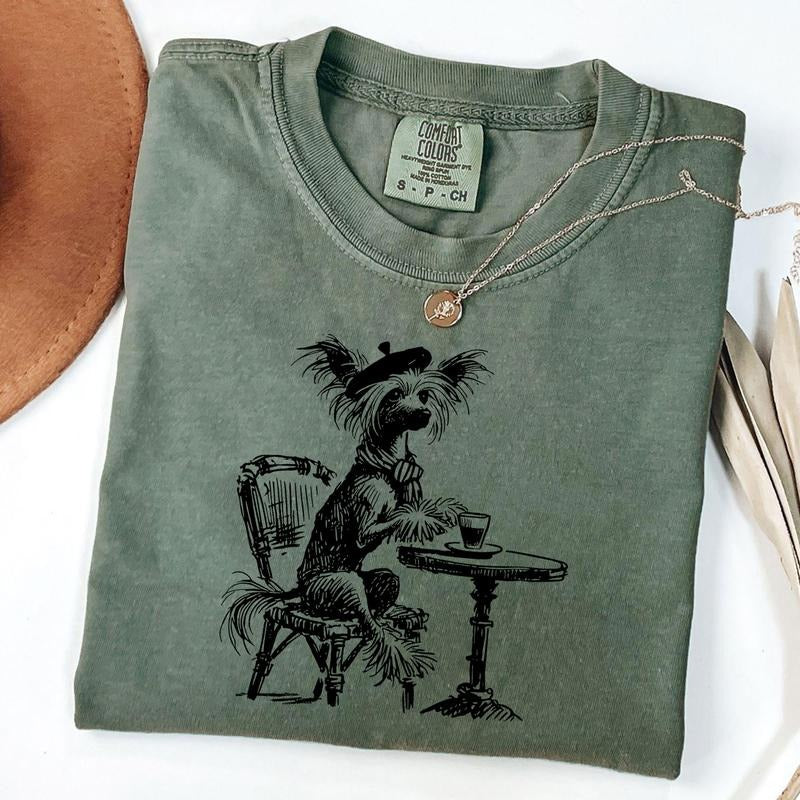 Comfort Colors Vintage Chinese Crested Shirt, Retro Dog Drinking Coffee Tee, Chinese Crested France Shirt, Crested Mom...