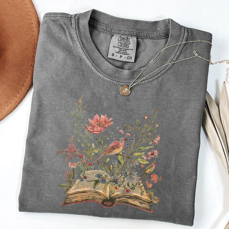 Comfort Colors Vintage Floral Tee, Cottagecore Tshirt, Fairycore Shirt, Bird and Flower T-Shirt, Reading Shirt for Women...