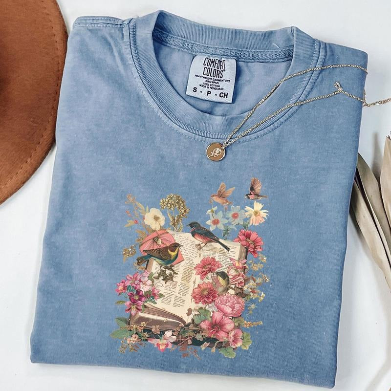 Comfort Colors Vintage Floral Tee, Nature Lover Shirt, Book Lover Tshirt, Bird and Flower T-Shirt, Reading Shirt for...