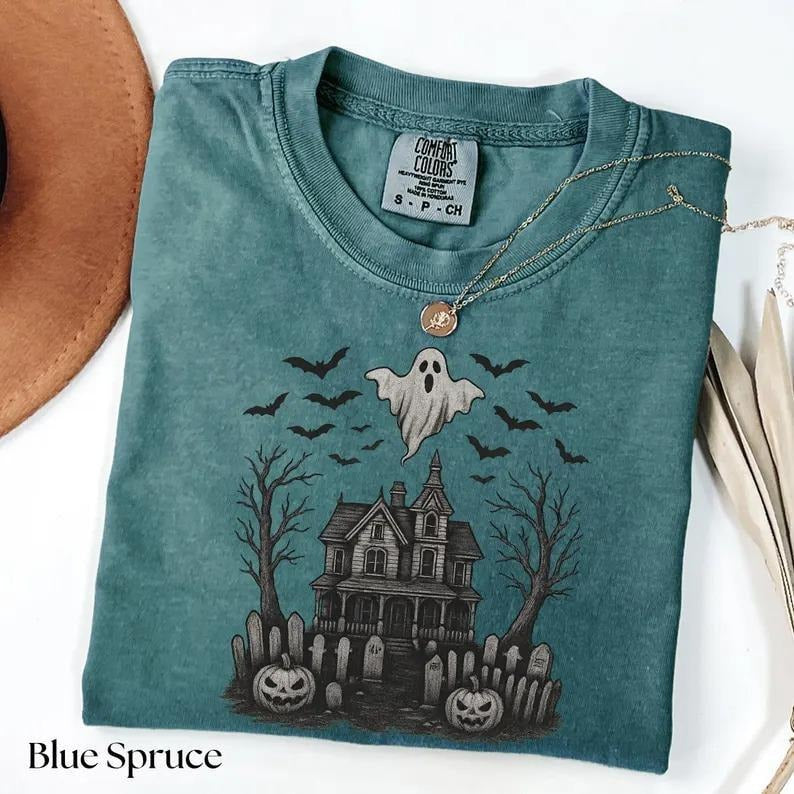 Comfort Colors Vintage Haunted House Shirt, Summerween Shirt, Vintage Halloween Shirt, Bats Tee, Spooky Season Hoodie,...