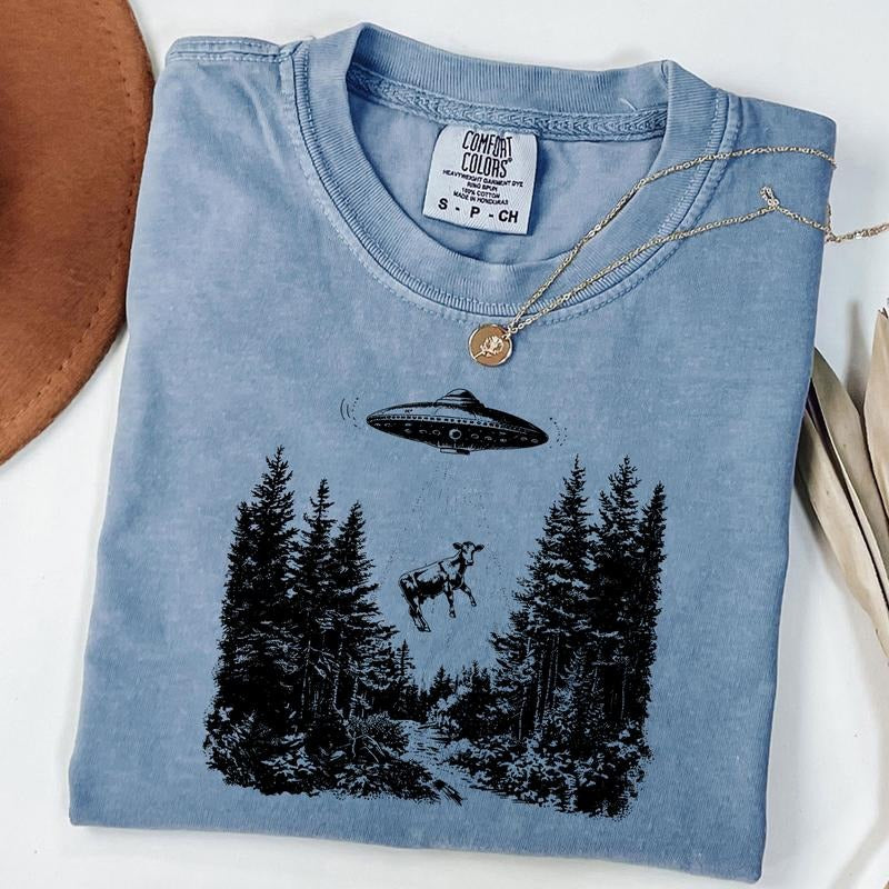 Comfort Colors Vintage UFO Cow Shirt, UFO Graphic Tee, Unisex Western Shirt, Unisex T-Shirt Hoodie, Sweatshirt