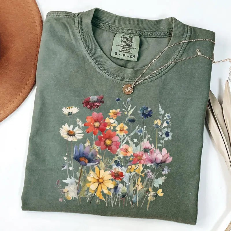 Comfort Colors Watercolor Wildflowers Shirt, Cottagecore Shirt, Boho Floral T-Shirt, Botanical Shirt, Nature T-Shirt...