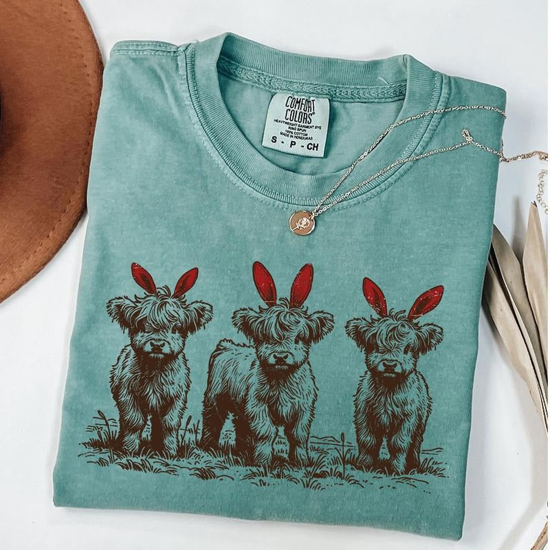 Comfort Colors Western Highland Cow Shirt, Cow Bunny T-Shirt, Western Easter Cow Shirt, Animal Lover Shirt Hoodie, Sweatshirt