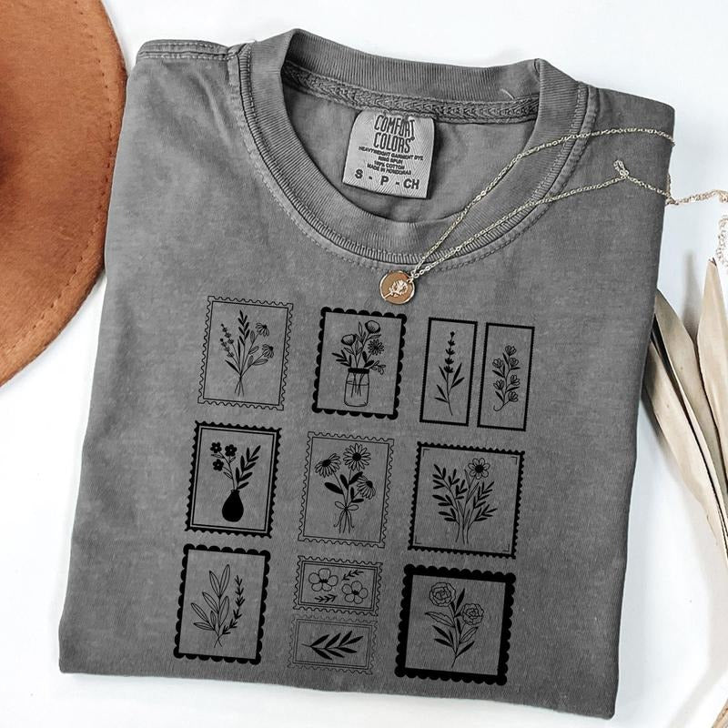 Comfort Colors Whimsical Flower Postage Stamps Shirt, Vintage Floral Stamps T-Shirt, Boho Flower Tee Hoodie, Sweatshirt