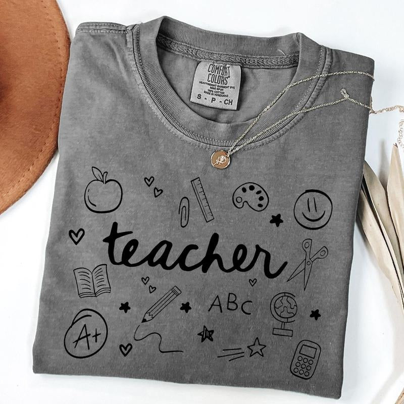Comfort Colors Whimsical Teacher Shirt, Teach Doodle T-Shirt, Appreciation Gift for Teachers, Trendy Teacher Shirts, Back...