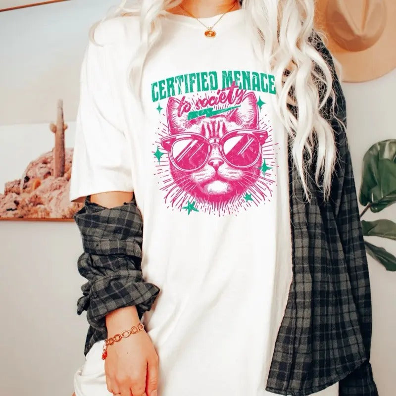 Comfort Colors Women's Certified Menace to Society Short Sleeve Cotton Graphic T-Shirt - Casual Top with Cat Graphic Design