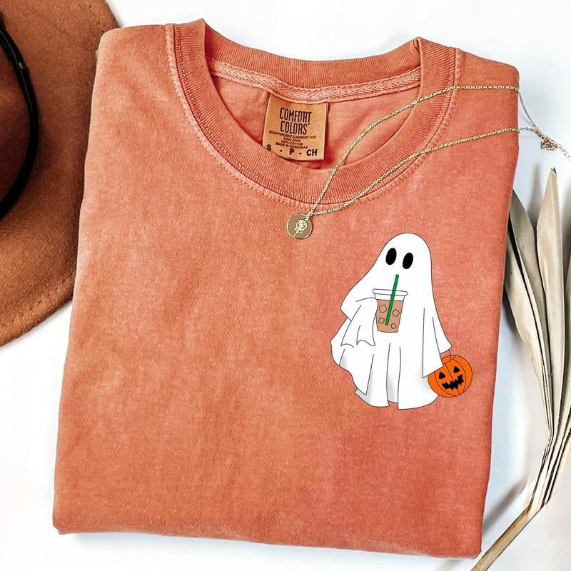 Comfort Colors Сute Ghost Coffee Shirt, Сute Little Ghost Iced Coffee T-shirt, Boo Ghost Shirt, Ghost Coffee Shirt,...