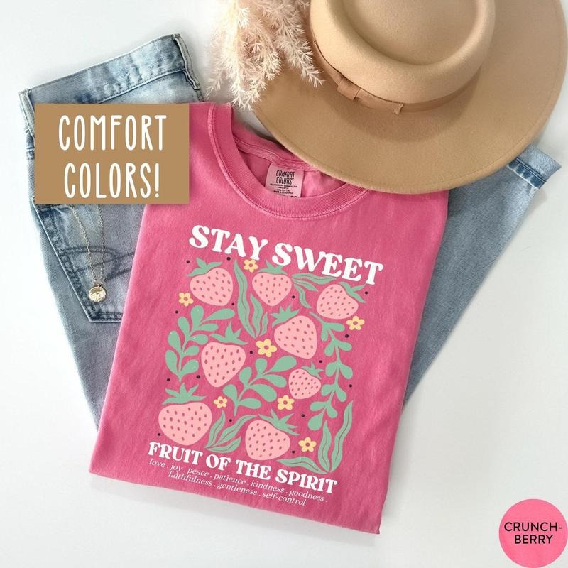 Comfort color Boho Christian Strawberry Shirt Fruits of the Spirit Bible Verse Shirt Retro Jesus Apparel Cottagecore Top...