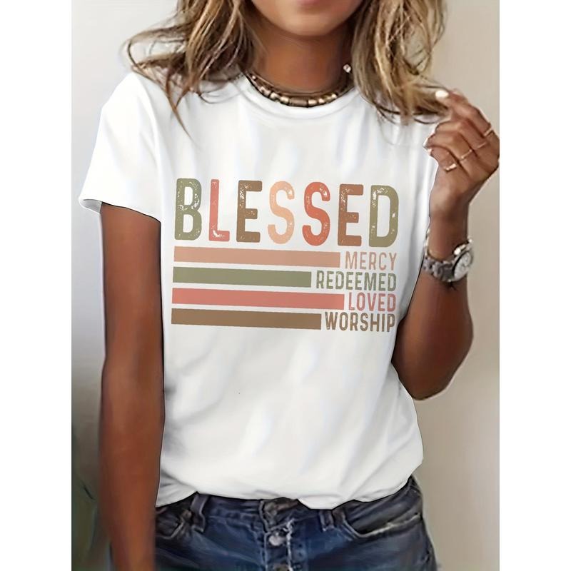 Comfortable Blessed Positive Words Print Crew Neck Short Sleeve Polyester T-shirt, Casual Summer Women'S Clothing Hoodie,...
