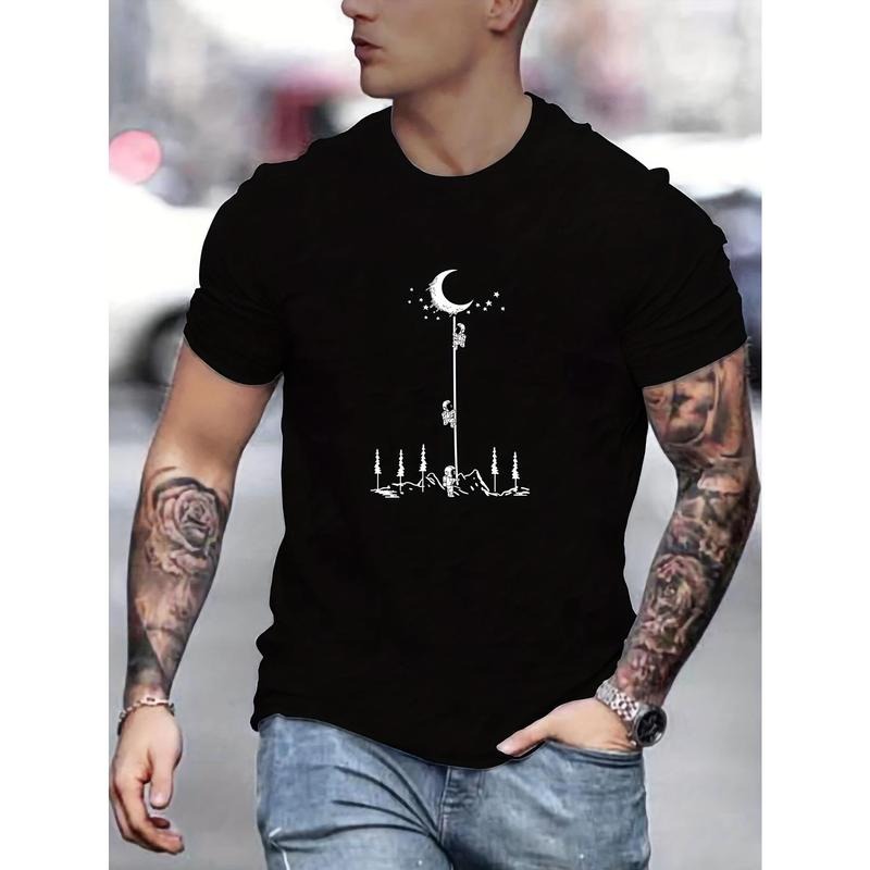 Comfy Men's Astronaut & Moon Print Short Sleeve T-Shirt