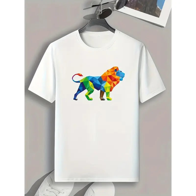 Comfy Men's Graphic Tee - Art Style Lion Pattern Print Sports T-shirt for Fitness Activities & Summer Outdoor Clothes,...