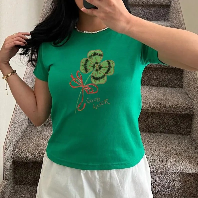 Copy of Good Luck Clover Baby Tee, St Paddys Baby Tee, St Patrick's Day Shirt, Y2K 2000's Style Tee, Women's Baby Tee,...