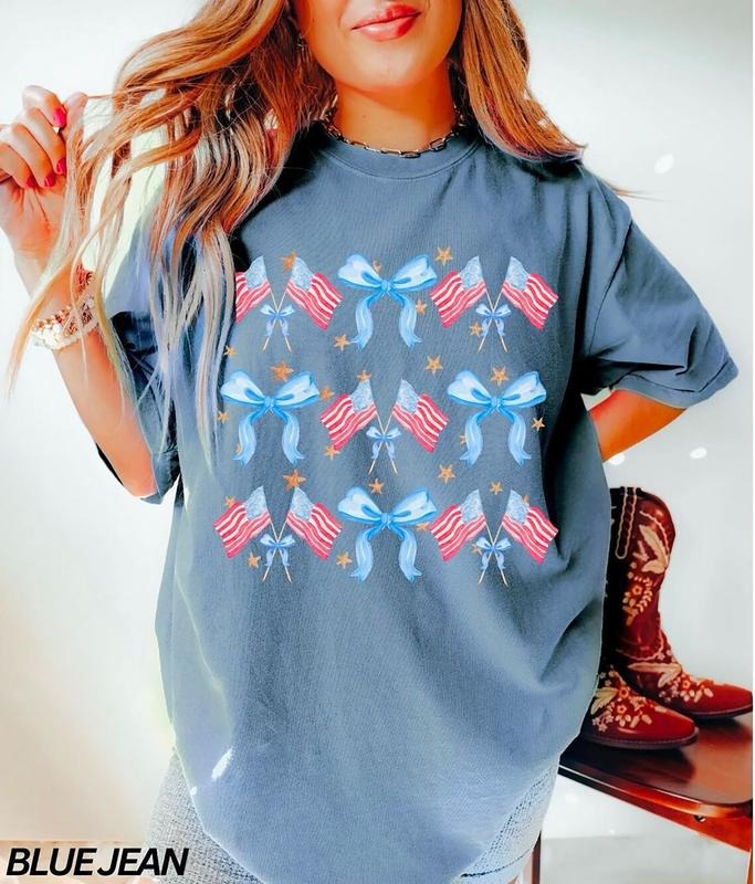 Coquette 4th of July Shirt, American Flag Shirt, Ribbon USA Flag Shirt, Retro 4th of July Shirt, Trendy Summer TShirt,...