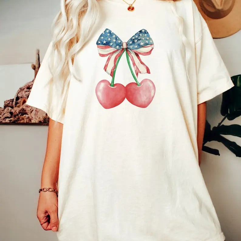 Coquette America Cherry Sweatshirt, Coquette Bow T-shirt, 4th Of July Shirt, USA Flag With Cherry Sweater, Cowgirl Round...