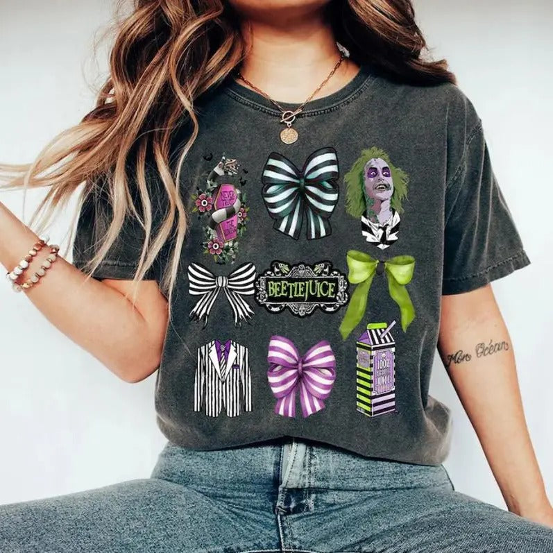 Coquette Beetlejuice Halloween Shirt, Never Trust The Living Tee, Beetlejuice Bow Shirt, Trending Beetlejuice Horror...