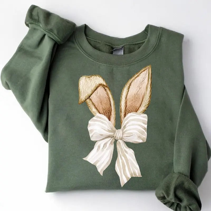 Coquette Bow Bunny Ears Shirt, Cute Bunny Sweatshirt, Rabbit Tee, Happy Easter Day Gift, Coquette Easter, Cute Easter...
