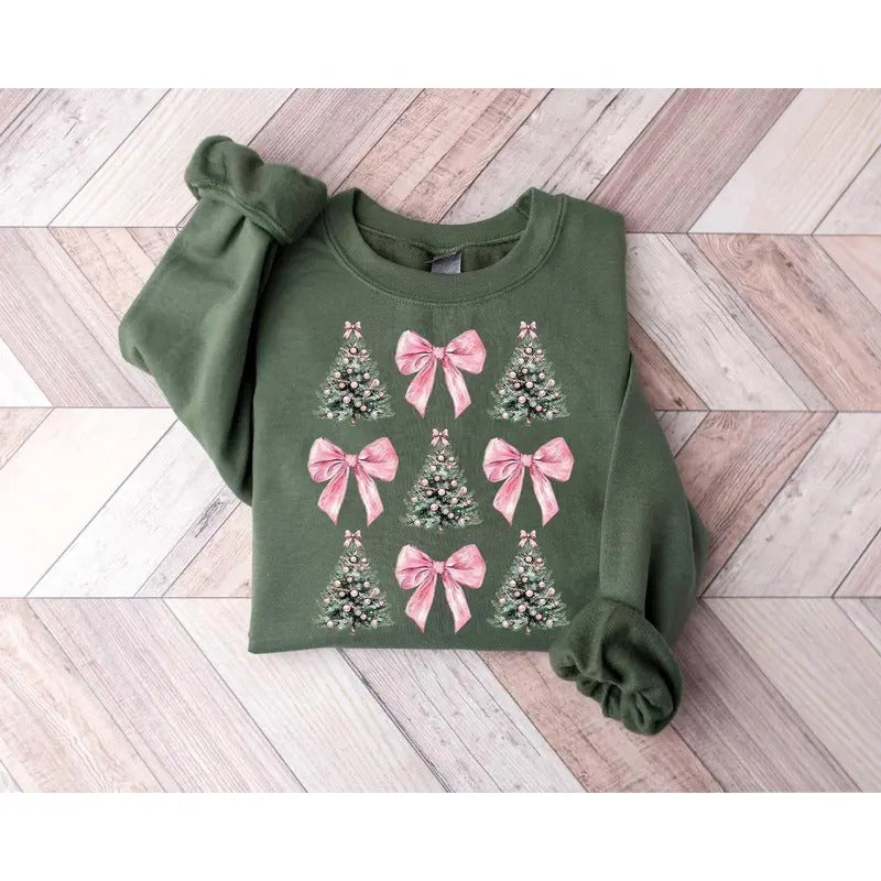 Coquette Bow Christmas Sweatshirt, Christmas Tree Shirt,  Christmas Sweatshirt, Girly Christmas Sweater, Coquette Bow...