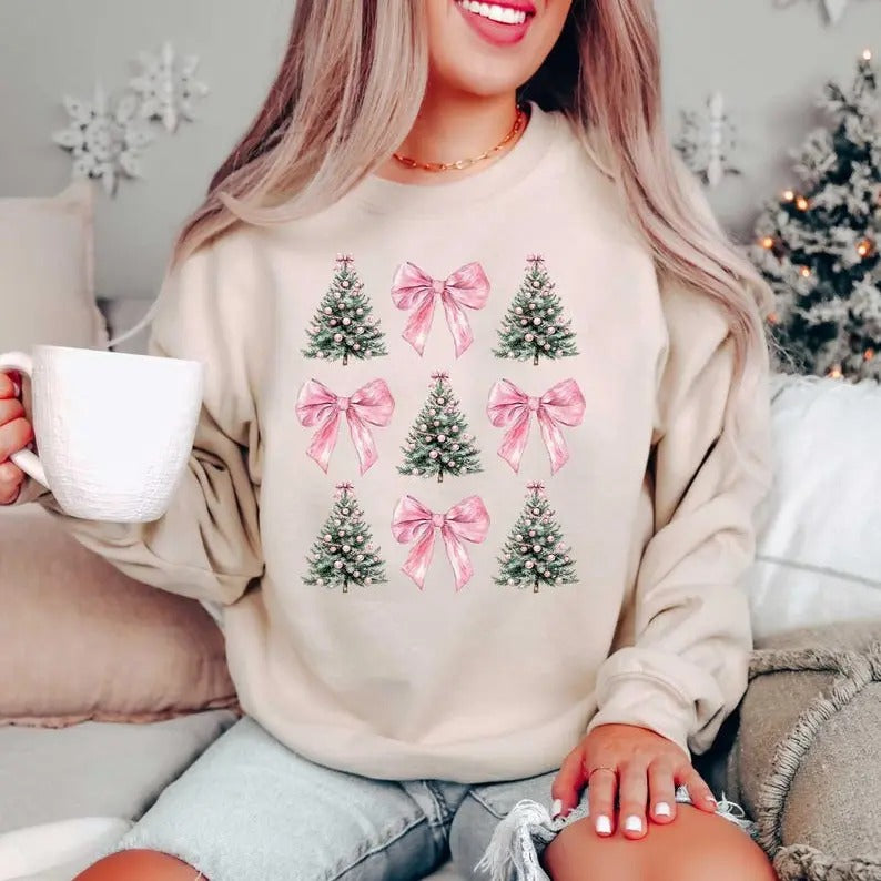 Coquette Bow Christmas Sweatshirt, Christmas Tree Shirt, Christmas Sweatshirt, Girly Christmas Sweater, Coquette Bow...