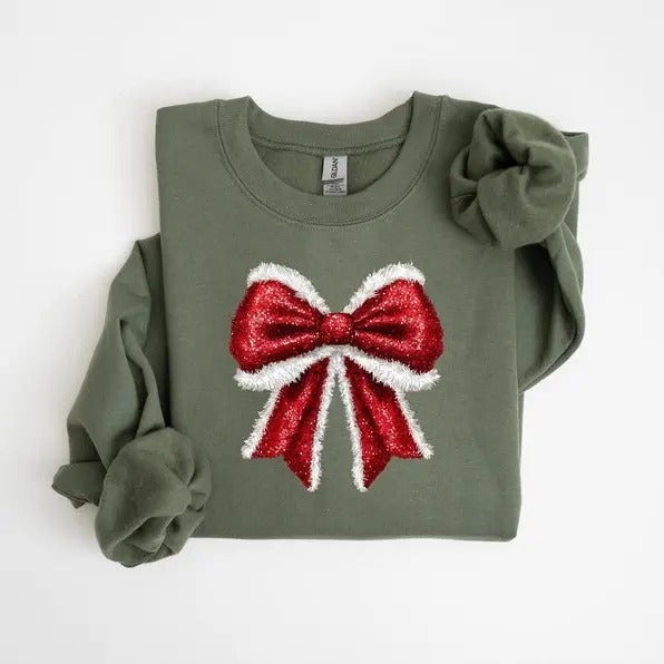 Coquette Bow Christmas Sweatshirt,hoodie, Christmas Bow T-Shirt, Cute Christmas sweatshirt, Girly Christmas Sweater, Faux...