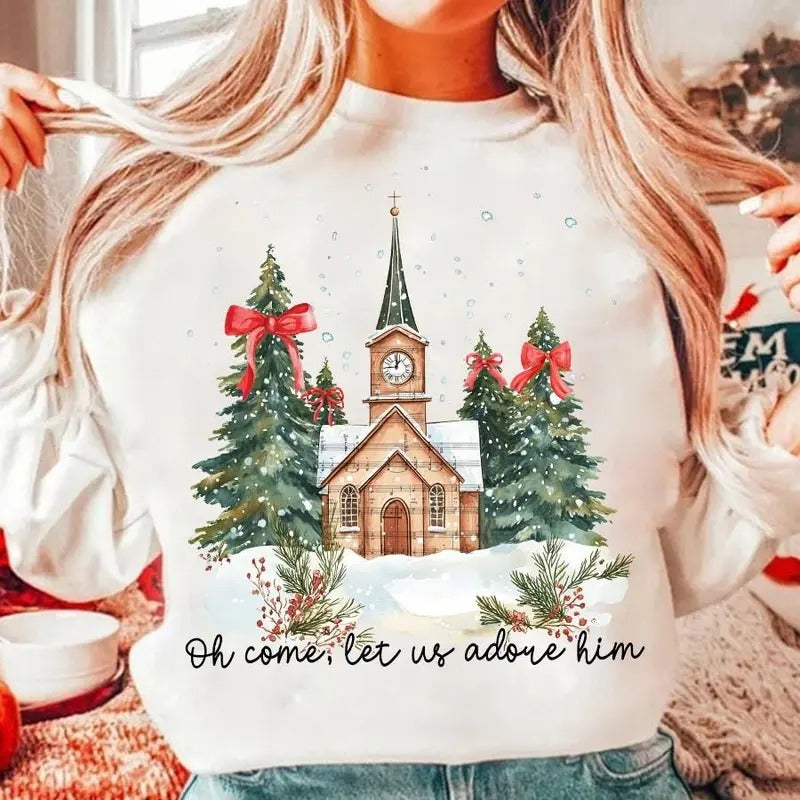 Coquette Bow Tree Shirt Oh Come Let Us Adore Him Cotton Fabric T-Shirts, Hoodie, Sweatshirt