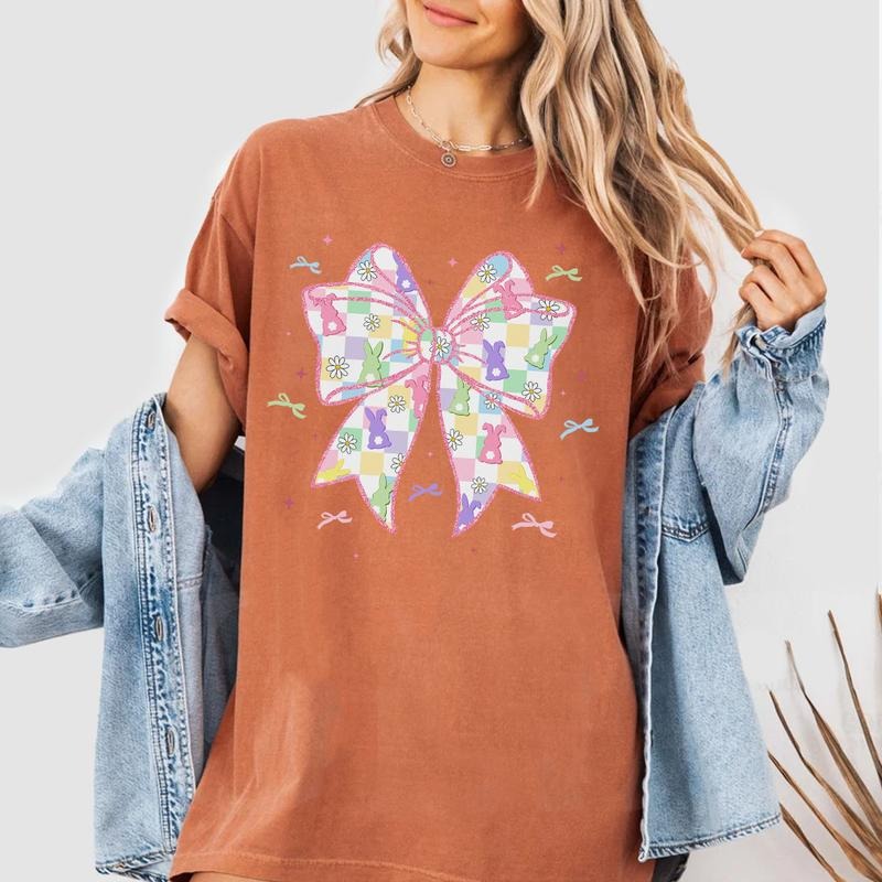 Coquette Bow Easter Shirt, Pastel Bunny Checkered Tee, Cute Spring Bow Graphic Shirt, Girly Easter Outfit for Women...
