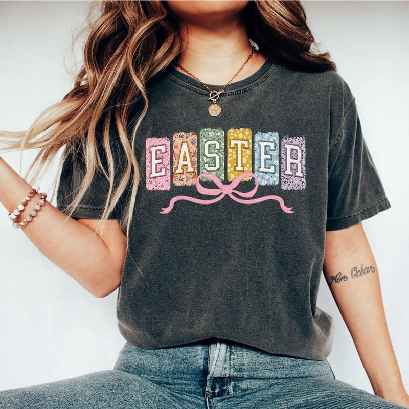 Coquette Bow Easter Shirt, Pastel Floral Easter Tee, Cute Spring Bow Graphic Shirt, Girly Easter Outfit for Women Hoodie,...