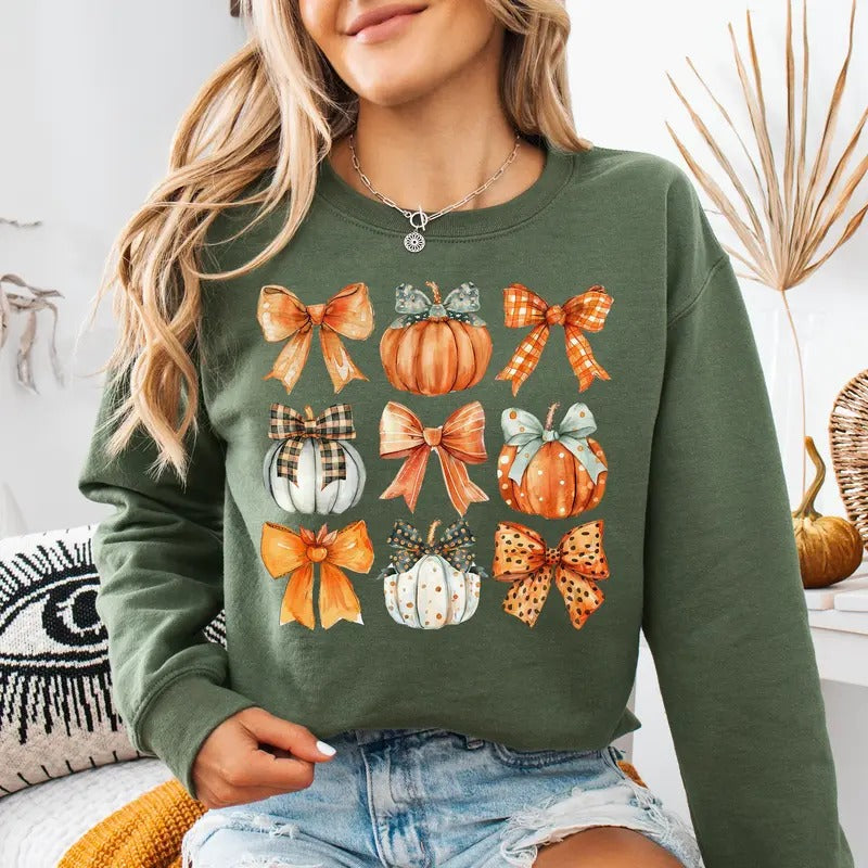 Coquette Bow Pumpkin Cozy Sweatshirt, Retro Fall Autumn Season Sweater, Cute Fall Time Shirt, Pumpkin Spice Hoodie