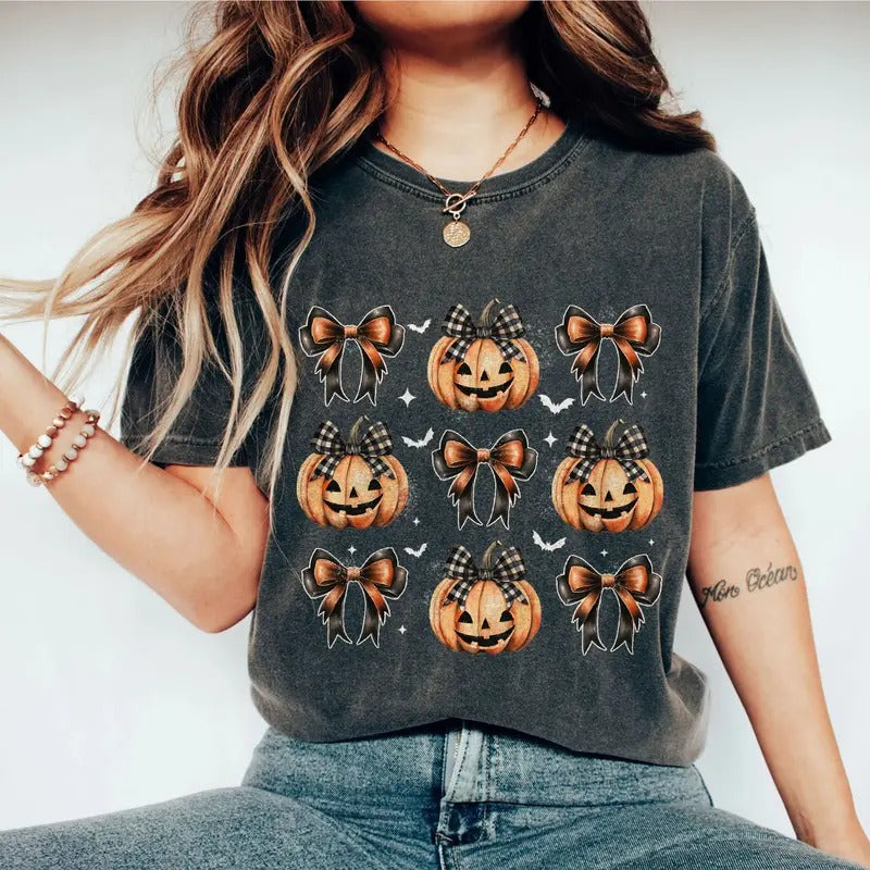 Coquette Bow Pumpkin Halloween Shirt, Buffalo Plaid Pumpkin Shirt, Coquette Halloween Tee, Retro Halloween Sweatshirt,...