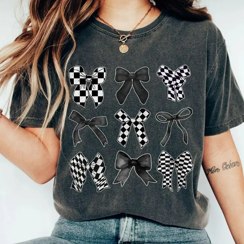 Coquette Checkered Black Bow Shirt, Black Bows Coquette Shirt, Gift for Her, Gift for Mom, T-Shirt for Women, Coquette...