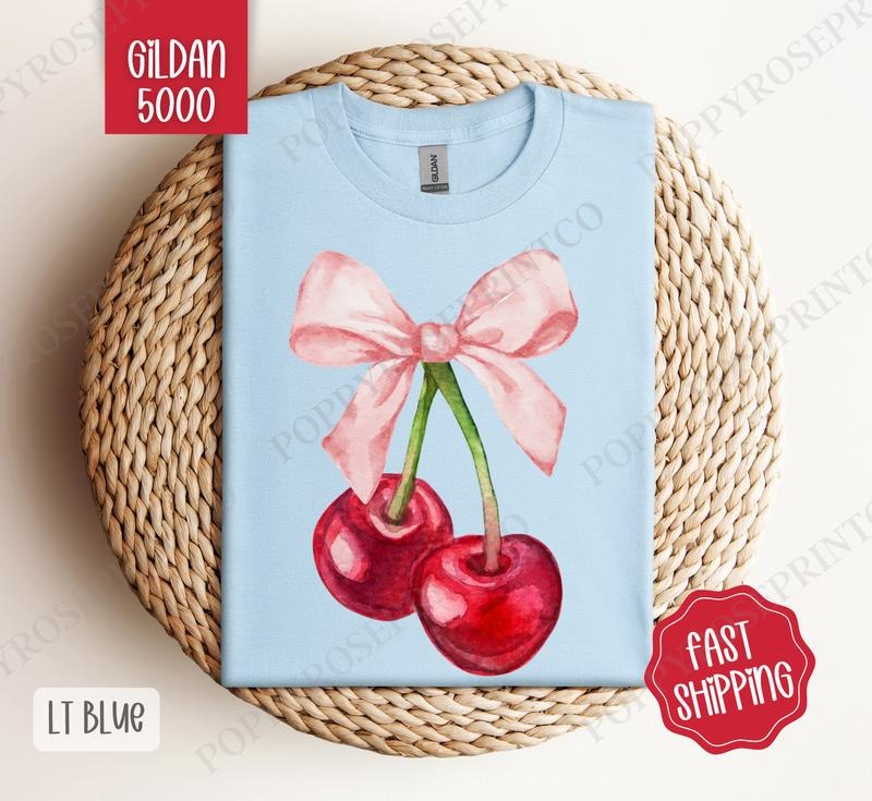 Coquette Cherry Gildan Shirt, Bow Tee, Women's Cute Graphic Tee Hoodie, Sweatshirt | HypeDripTees.com