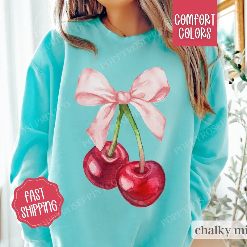 Coquette Cherry Sweatshirt Comfort Colors, Fall Sweater Womenswear Crewneck T-Shirts, Hoodie | HypeDripTees.com
