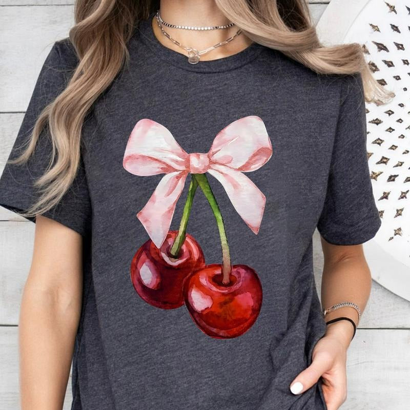 Coquette Cherry and Bow Shirt, Coquette Aesthetic Shirt, Ribbon Crewneck, Cottage Core Shirt, Coquette Clothing, Trendy...
