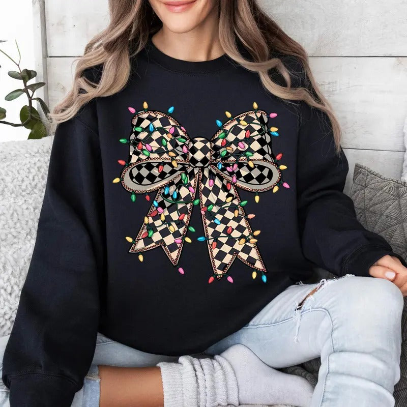 Coquette Christmas Sweatshirt Sublimation Christmas Lights Bow, Merry Christmas Hoodie Digital Print Checkered Christmas...