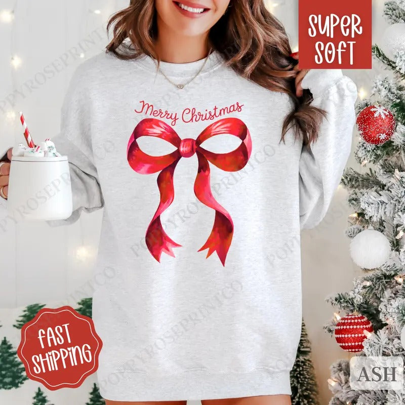Coquette Christmas Sweatshirt, Preppy Merry Christmas Crewneck,  Womens Holiday Sweater T-Shirts, Hoodie | HypeDripTees.com