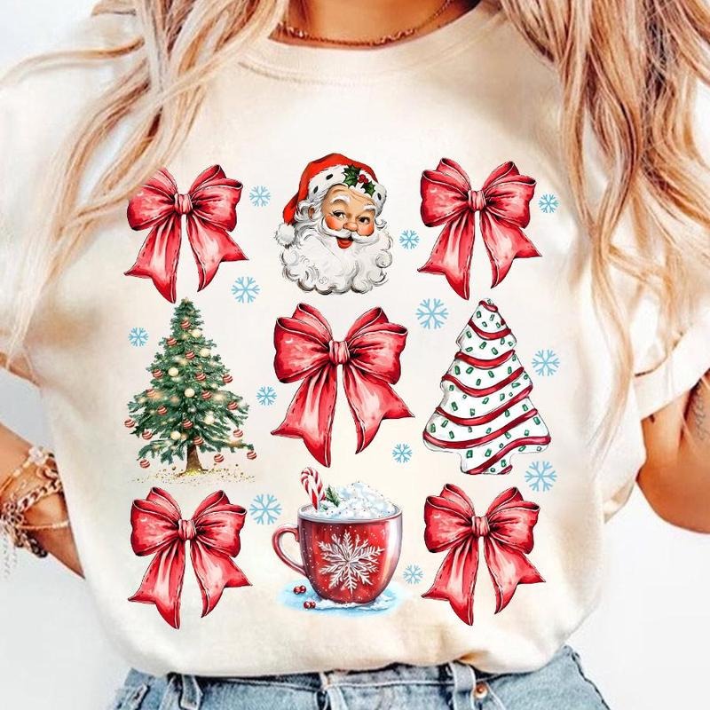 Coquette Christmas T-Shirt, Bow Christmas Tree Sweatshirt, Retro Santa Hot Cocoa Candy Cane Holiday Clothing, Girly Xmas,...