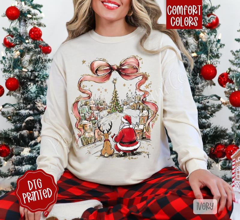 Coquette Christmas Town Comfort Colors Long Sleeve T-Shirt, Cute Women's Holiday Tee Hoodie, Sweatshirt | HypeDripTees.com