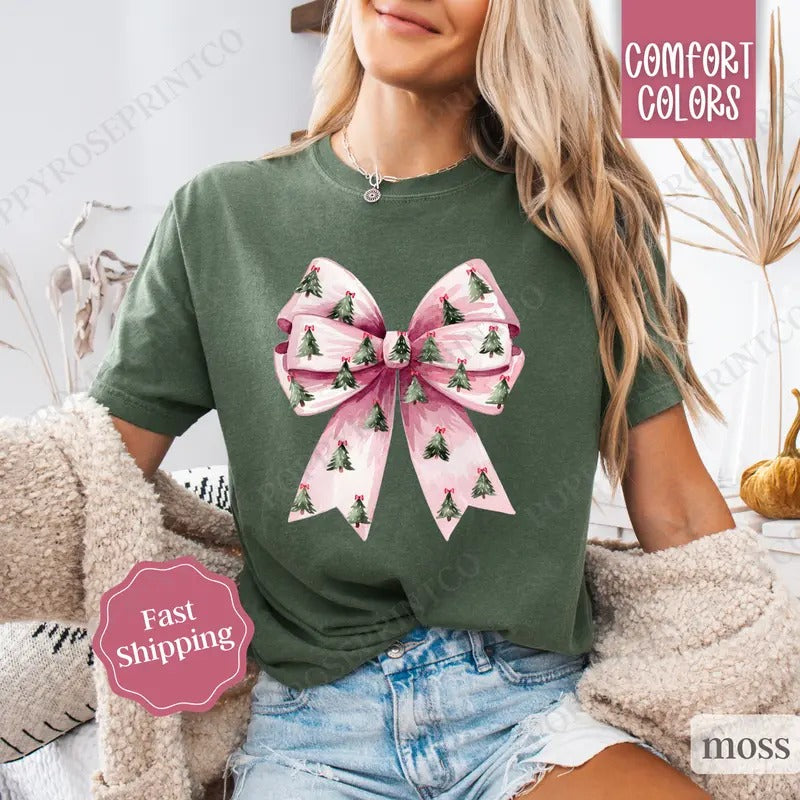 Coquette Christmas Tree Shirt, Christmas Tree Bow Tee,  Women's Holiday Tshirt Hoodie, Sweatshirt | HypeDripTees.com