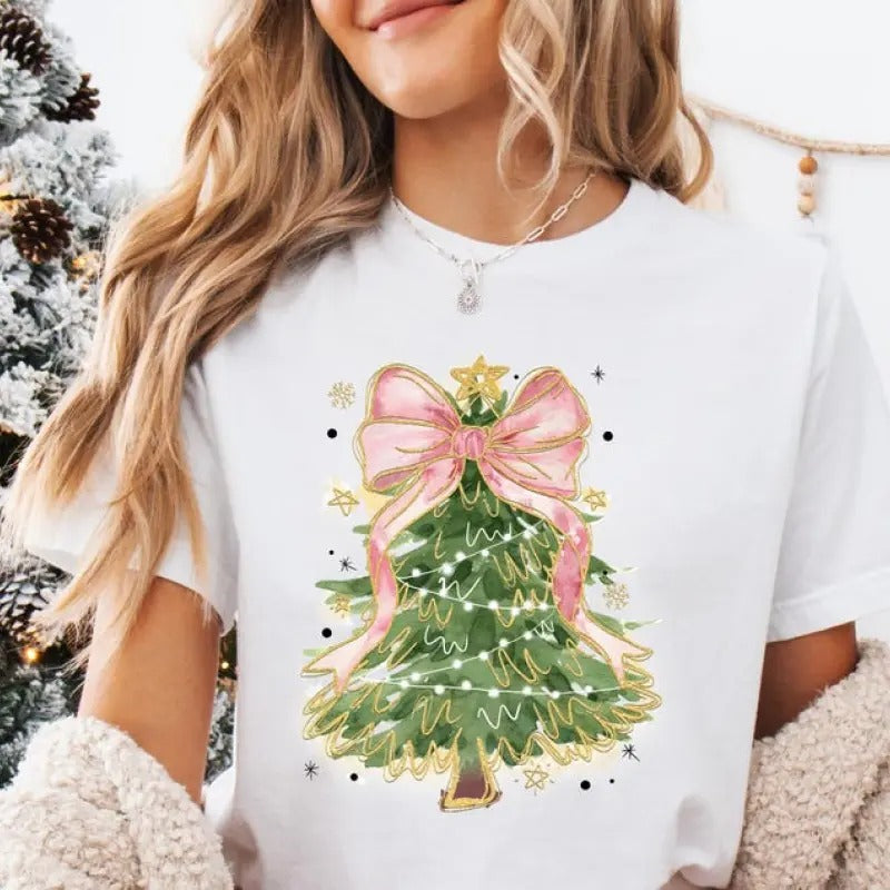 Coquette Colorful Christmas Tree T-Shirt, Faux Glitter, Girls Christmas Tree Shirt, Christmas Coquette Bow, Brushstroke...