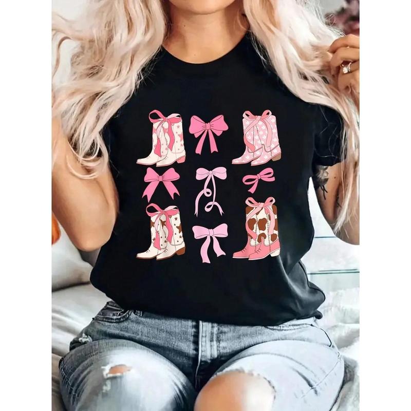 Coquette Cowgirl Boots With Bows Women Girls Top T-Shirt Print Cotton Women T Shirt, Short Sleeve Round Neck Casual Top...
