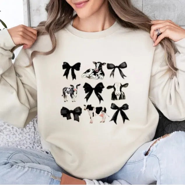 Coquette Cows and Bows Sweatshirt, Women's Farm Aesthetic Tee, Women's Comfort Colors Graphic Tee, Cow Lovers T-Shirt,...