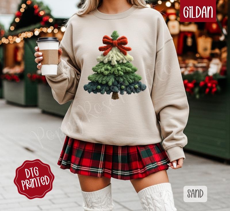 Coquette Faux Yarn Christmas Tree Sweatshirt, Trendy Women's Holiday Crewneck T-Shirts, Hoodie | HypeDripTees.com