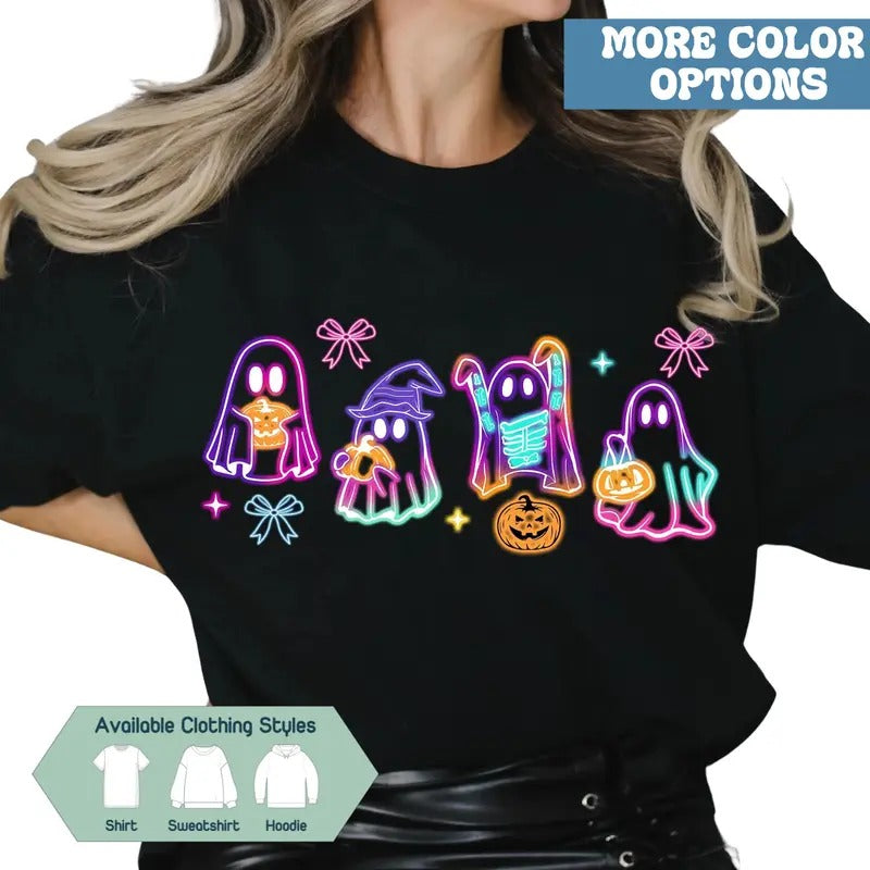 Coquette Halloween Neon T-shirt, Sweatshirt with Ghost Design, Halloween Mama Neon Tee, Girly Coquette Bow Halloween...