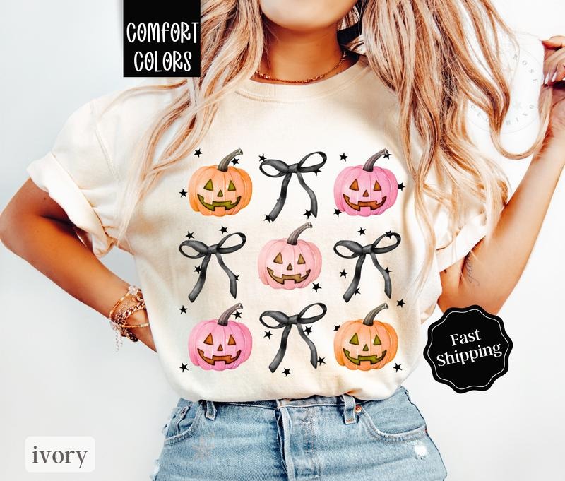 Coquette Halloween Shirt Comfort Colors, Pumpkin Bow Tshirt,  Jack-O-Lantern Tee, October Vibes Shirt for Women Oversized...