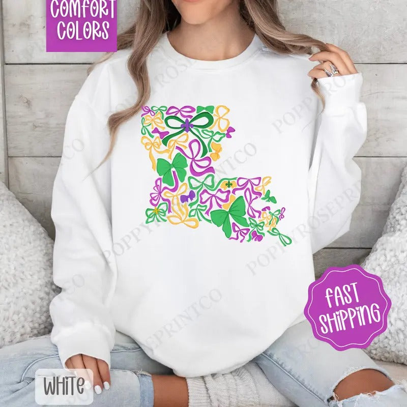 Coquette Louisiana Mardi Gras Comfort Colors Sweatshirt, Fat Tuesday Bows Women's Crewneck, Holiday Women's Sweater...