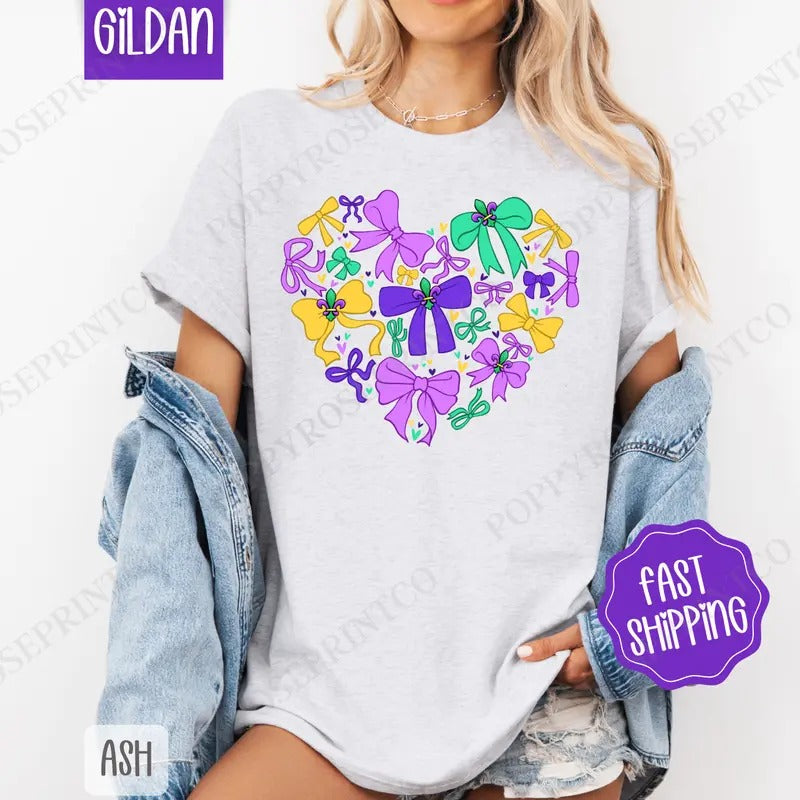 Coquette Mardi Gras Heart  Shirt Gildan, Mardi Gras Bows Women's Tee, Holiday Women's Tshirt Plus Sizes Hoodie, Sweatshirt