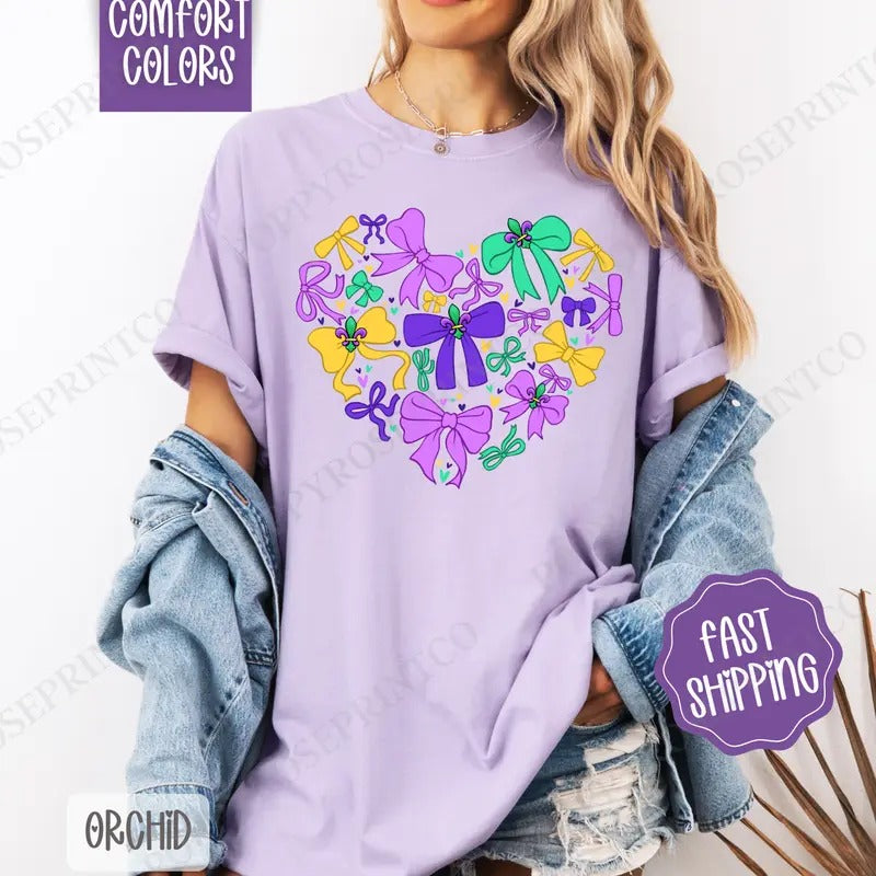 Coquette Mardi Gras Heart Comfort Colors Shirt, Mardi Gras Bows Women's Tee, Louisiana Women's Tshirt Hoodie, Sweatshirt
